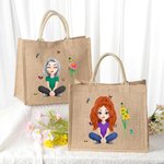 Personalized Funny 3D Cartoon Character Birth Flower Jute Tote Bag with Name Birthday Anniversary Gift for Women Girls