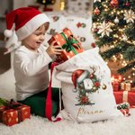 Personalised Cute Reindeer Santa Hat Initial Canvas Drawstring Gift Bag with Name Christmas Gift for Friends Family