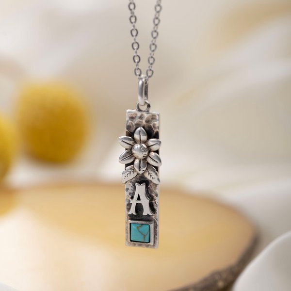 Personalizada Vintage Boho Floral Turquesa Collar de Plata de Ley con la inicial Dainty Joyería Regalo de cumpleaños para las mujeres niñas