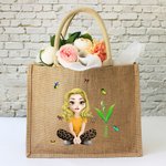 Personalized Funny 3D Cartoon Character Birth Flower Jute Tote Bag with Name Birthday Anniversary Gift for Women Girls