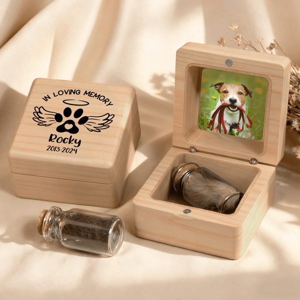 Personalisierte magnetische Haustier Holz Gedenkbox mit Foto Engelsflügel und Fell-Aufbewahrungsflasche Verlust Erinnerung Geschenk für Tierbesitzer