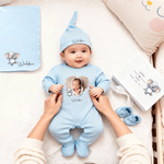 Personalised Cute Animals 100% Cotton Photo Baby Romper Hat Blanket Outfit with Gift Box Name Year Coming Home Baby Shower Gift for Newborn