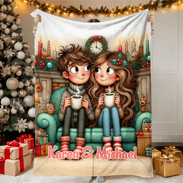 Personalizado de Navidad Pareja Personajes de dibujos animados suave manta con el texto Decoración del hogar Regalo de Navidad para la pareja Esposa Marido