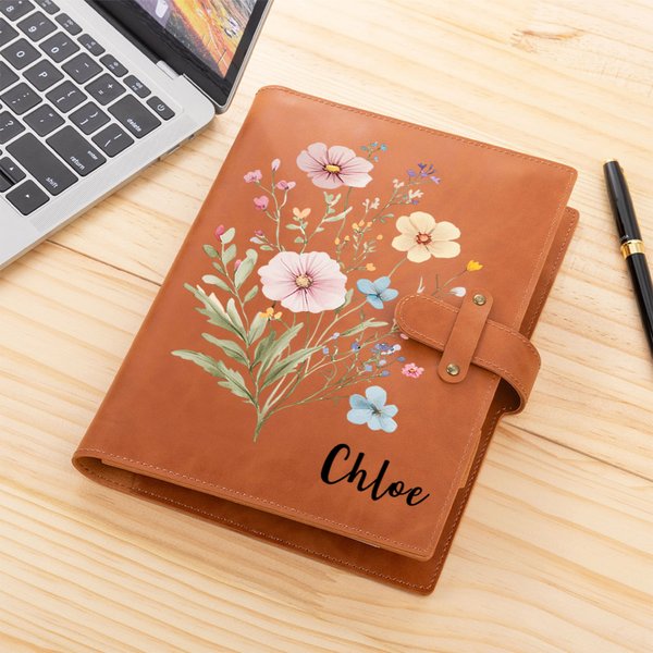 Personalised Wildflower PU Leather Notebook Cover Pencil Sketchbook Storage with Name Birthday Christmas Gift for Women Writers Sketchers