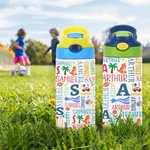 Personalized Cute Cartoon Design Word Cloud 12 oz Insulated Water Bottle with Name Daily Use Birthday Christmas Gift for Kids Toddlers