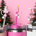 Personalised Reindeer Snowman  Christmas Tree Pink Straw Topper with Initial Charm Accessory Christmas Gift for Family Friends