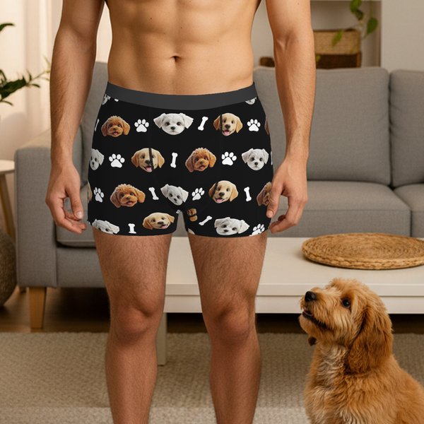 Personalized Paw Bone 3D Cartoon Pet Face Photo Men's Underwear Boxer Brief Valentine's Day Anniversary Birthday Gift for Husband Boyfriend
