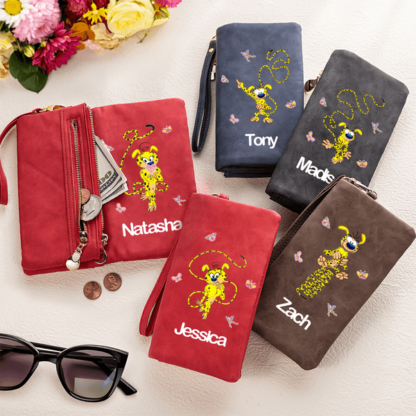 Personalized Yellow-Spotted Leopard Marsupilami Butterfly PU Leather Wallet with Name Birthday Anniversary Gift for Women | Callie × Marsupilami®