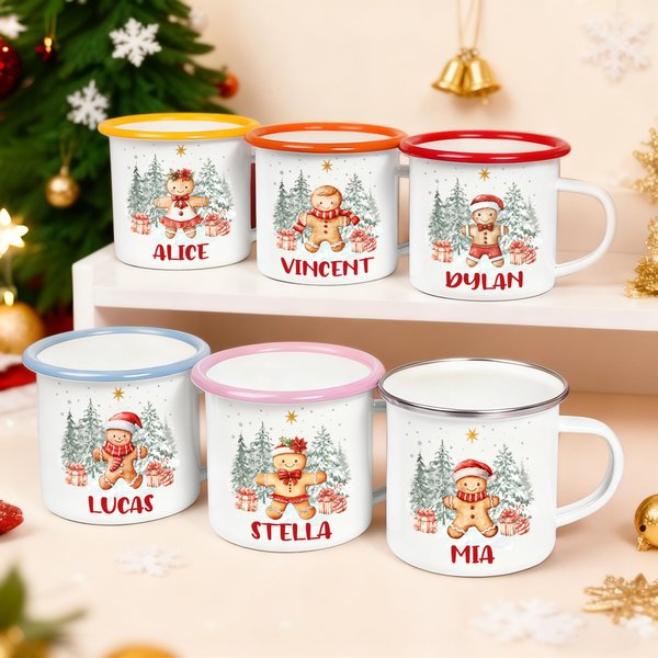 Personalized Cute Gingerbread Man 12 oz Cocoa Enamel Mug with Name Daily Use Christmas Gift for Kids Family