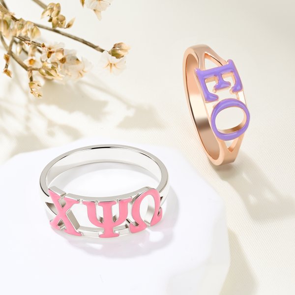 Personalized Sorority Enamel Greek Letters Ring with Engraved Text Bid Day Graduation Birthday Gift for Friends Girls