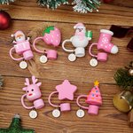Personalised Reindeer Snowman  Christmas Tree Pink Straw Topper with Initial Charm Accessory Christmas Gift for Family Friends