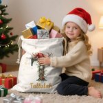 Personalised Cute Reindeer Santa Hat Initial Canvas Drawstring Gift Bag with Name Christmas Gift for Friends Family