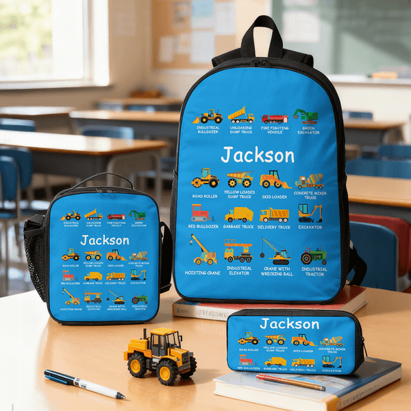Personalized Multi-Color Children's Construction Vehicle Backpack Pencil Case Lunch Bag Set with Name Back-To-School Birthday Gift for Boys Girls