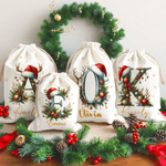 Personalised Cute Reindeer Santa Hat Initial Canvas Drawstring Gift Bag with Name Christmas Gift for Friends Family