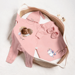 Personalised Cute Animals 100% Cotton Photo Baby Romper Hat Blanket Outfit with Gift Box Name Year Coming Home Baby Shower Gift for Newborn