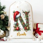 Personalised Cute Reindeer Santa Hat Initial Canvas Drawstring Gift Bag with Name Christmas Gift for Friends Family