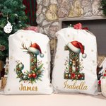 Personalised Cute Reindeer Santa Hat Initial Canvas Drawstring Gift Bag with Name Christmas Gift for Friends Family