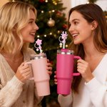 Personalised Reindeer Snowman  Christmas Tree Pink Straw Topper with Initial Charm Accessory Christmas Gift for Family Friends