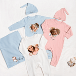 Personalised Cute Animals 100% Cotton Photo Baby Romper Hat Blanket Outfit with Gift Box Name Year Coming Home Baby Shower Gift for Newborn