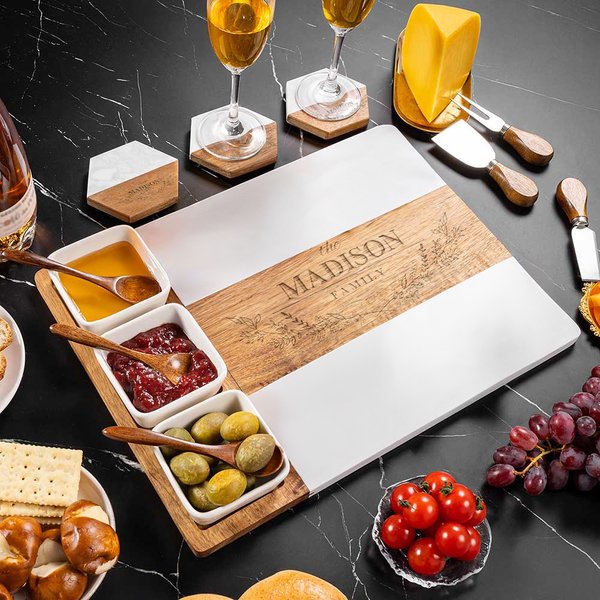 Personalised Engraved Name Kitchen Design Acacia Marble 11 Pcs Chopping Board Coaster Set with Bowl and Spoon Made in USA Housewarming Gift for Family