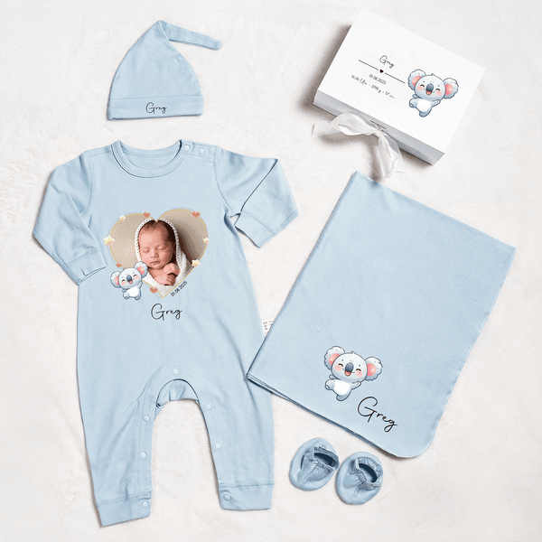 Personalised Cute Animals 100% Cotton Photo Baby Romper Hat Blanket Outfit with Gift Box Name Year Coming Home Baby Shower Gift for Newborn
