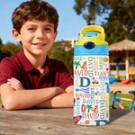 Personalized Cute Cartoon Design Word Cloud 12 oz Insulated Water Bottle with Name Daily Use Birthday Christmas Gift for Kids Toddlers