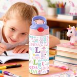 Personalized Cute Cartoon Design Word Cloud 12 oz Insulated Water Bottle with Name Daily Use Birthday Christmas Gift for Kids Toddlers