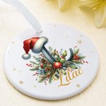 Personalised Cute Reindeer Santa Hat Initial Ceramic Christmas Ornament with Name Christmas Decor Gift for Family Friends
