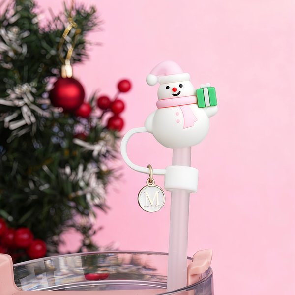 Personalised Reindeer Snowman  Christmas Tree Pink Straw Topper with Initial Charm Accessory Christmas Gift for Family Friends