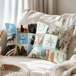 Cuscino personalizzato con nome e iniziali, con griglia a nove quadrati, collage di foto, ferro di cavallo, morbido cuscino per la casa, regalo per gli amanti dei cavalli.