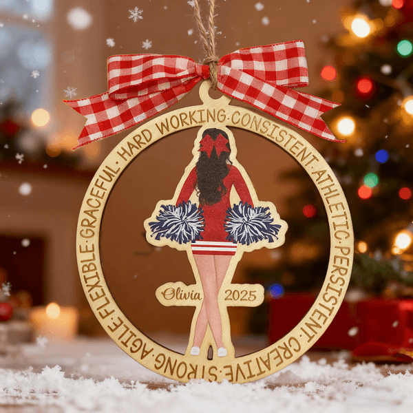 Personalized Cheerleader Girl Red Plaid Bow Wooden Ornament with Name and Year Christmas Team Birthday Gift for Cheerleaders