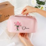 Personalized Birth Flower Multi Compartment PU Leather Makeup Bag with Name Travel Essential Birthday Gift for Sisters Friends