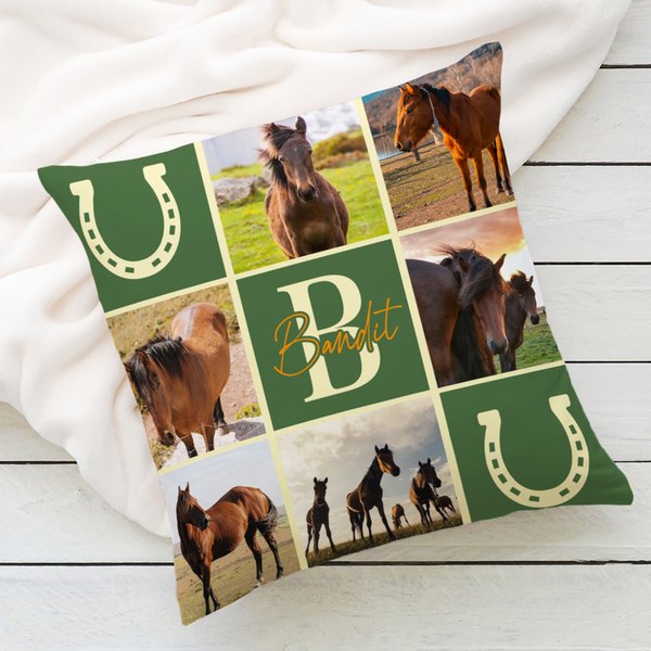 Personlig Nine-Square Grid Photo Collages Horseshoe Mjukt kuddfodral med namn och initialer Heminredning Riddagspresent för hästälskare