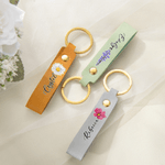 Personalised Watercolour Style Birth Flower PU Leather Keychain with Name Wedding Party Birthday Anniversary Gift for Her