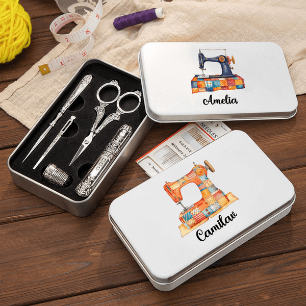 Personalisierte Patch-Nähmaschine 6 Stück Nähwerkzeug-Set mit Zinn-Box und Name Geburtstagsgeschenk für Schneiderin Nähen Liebhaber