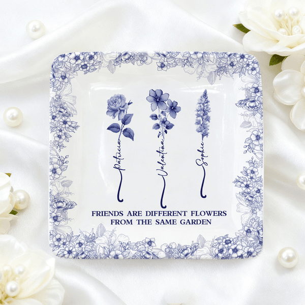 Gepersonaliseerde Toile De Jouy Geboorte Bloem Keramische Sieraden Schotel met Naam Verjaardag Thanksgiving Day Gift voor Vrouwen Beste Vrienden