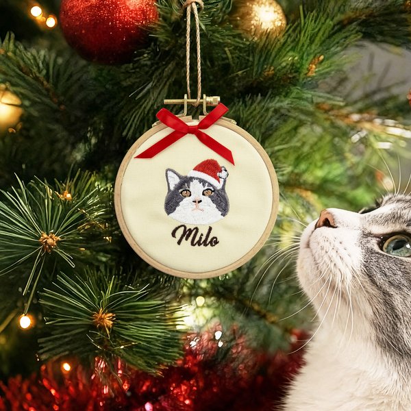 Personlig broderad fotoprydnad med husdjursansikte med namn och röd rosett Julgransdekoration Julklapp för husdjursälskare