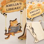 Personalised Reading Cat Swing Wooden Library Sign Book Read Tracker Set with Name and Text Bookshelf Decor Birthday Gift for Readers Book Lovers