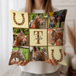 Cuscino personalizzato con nome e iniziali, con griglia a nove quadrati, collage di foto, ferro di cavallo, morbido cuscino per la casa, regalo per gli amanti dei cavalli.