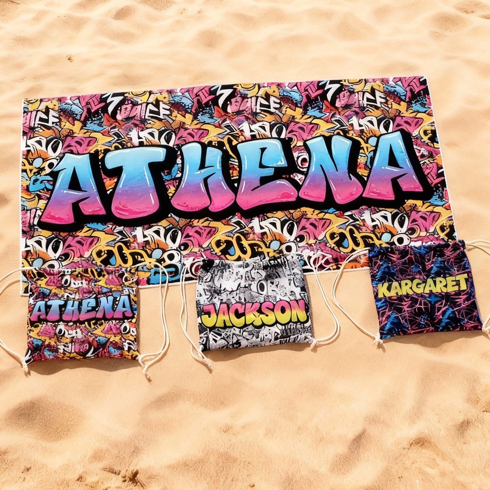 Personalised Stylish Graffiti Oversized Quick Dry Beach Towel with Name Beach Party Travel Essentials Birthday Gift for Kids Family 3