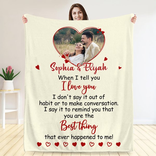 Personalized I Love You Heart Photo Soft Throw Blanket with Names Home Decor Valentine's Day Gift for Couple