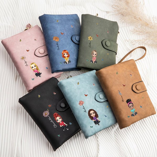 Portefeuille en Cuir PU Personnalisé avec Dessin de Personnage Nom et Fleur de Naissance Porte-Cartes Tri-Plié Cadeau Anniversaire pour Femme Fille