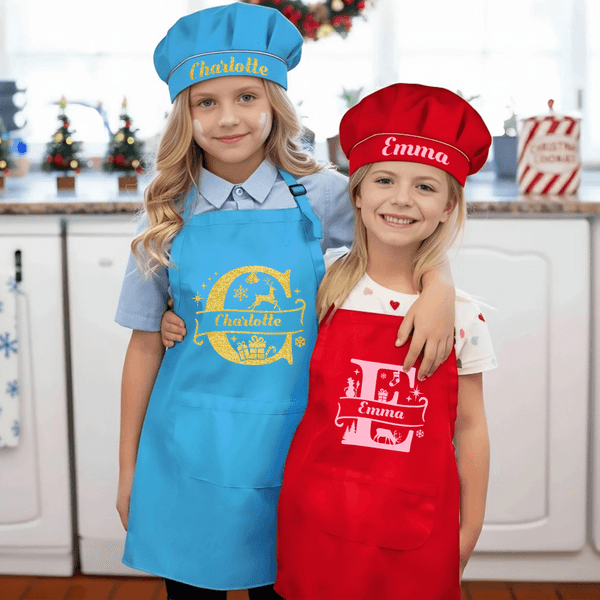 Personalised Christmas Initial Adjustable Kid Apron Chef Hat Set with Name and Pocket Cooking Handcraft Activities Christmas Gift for Boys Girls