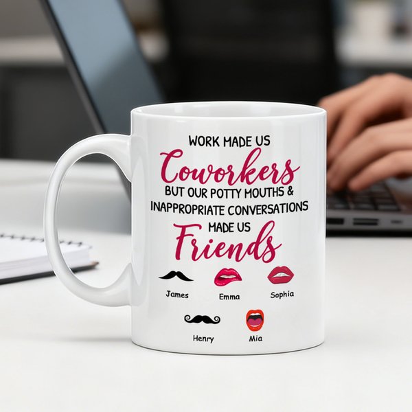 Spersonalizowany ceramiczny kubek do kawy Work Made Us Coworkers Beard Lip Design z 2-8 imionami do codziennego użytku Prezent dla współpracowników