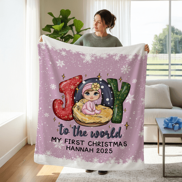Couverture personnalisée Joy to the World Cartoon Baby Character Soft Throw Blanket with Name First Christmas Gift for Newborns Family