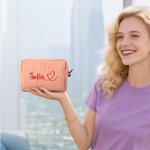 Borsa per cosmetici personalizzata con nome ricamato a forma di cuore design a strisce regalo per donne