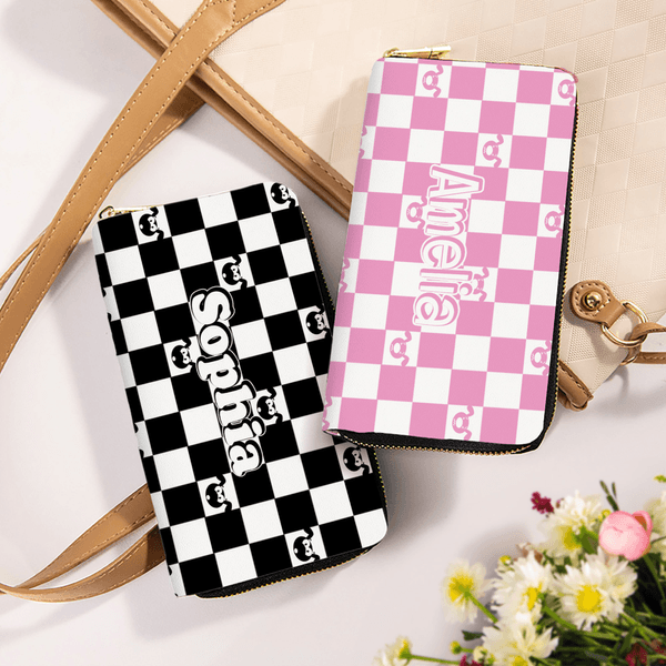 Personalisierte Cartoon Marsupilami Schachbrettmuster Hand Geldbörse mit Namen und Reißverschluss Geburtstag Geschenk für Sie | Callie × Marsupilami®