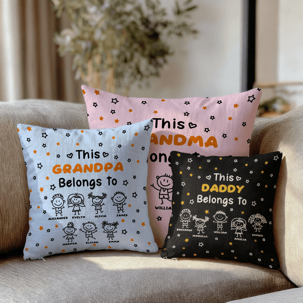 Personalized Line-Art Kids' Characters Multicolor Soft Throw Pillow Cover with Title and 1-10 Names Home Decor Birthday Gift for Family