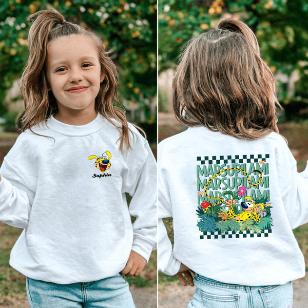 Personalized Long-Tailed Leopard Marsupilami Multicolor Kid T-shirt Sweatshirt Hoodie with Name Birthday Gift for Kids | Callie × Marsupilami®