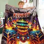 Personalised Monster Neon Lorry Soft Throw Blanket with Name Home Decor Birthday Gift for Boys Lorry Lovers